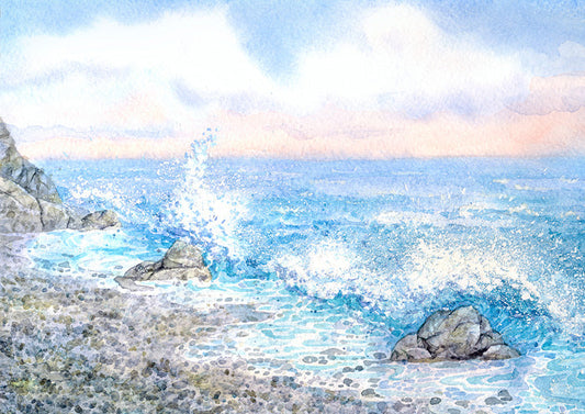 Ocean On Rocky Shore Watercolor